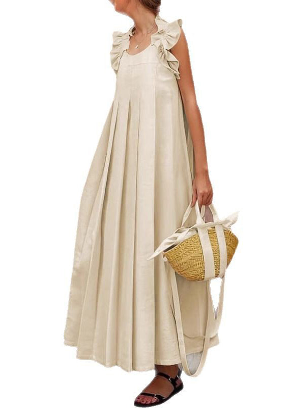 Apricot Ruffled Cotton Long Dress Sleeveless