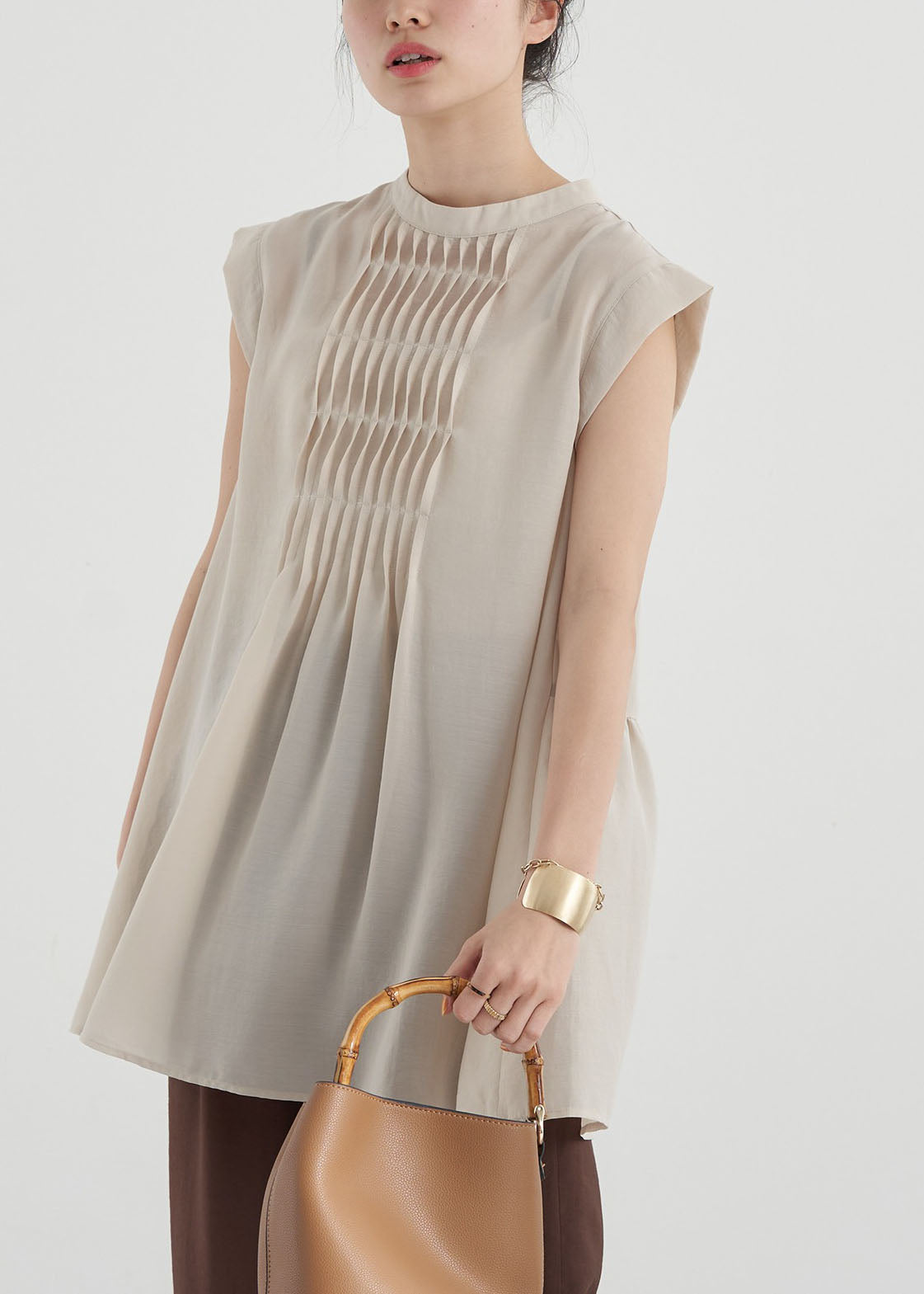 Apricot Slim Fit Pleated Cotton Long Shirt Sleeveless