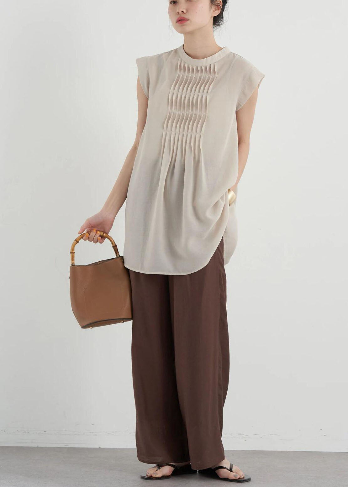 Apricot Slim Fit Pleated Cotton Long Shirt Sleeveless