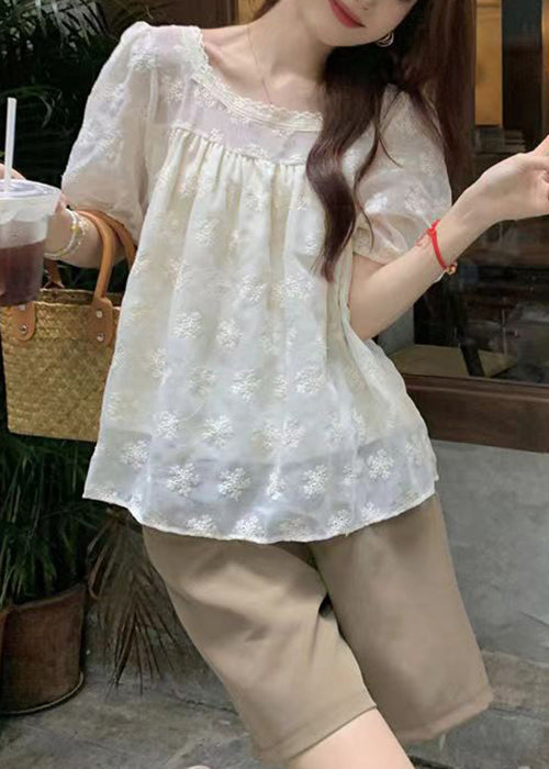 Apricot Square Collar Embroidered Cotton T Shirt Summer