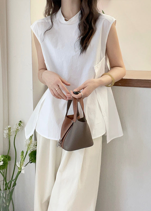 Apricot Stand Collar Asymmetrical T Shirt Short Sleeve