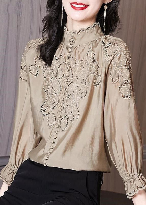 Apricot Stand Collar Embroideried Patchwork Cotton Top Spring