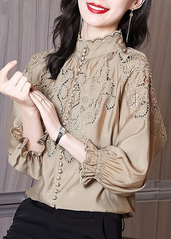 Women Apricot Stand Collar Embroideried Patchwork Cotton Top Spring