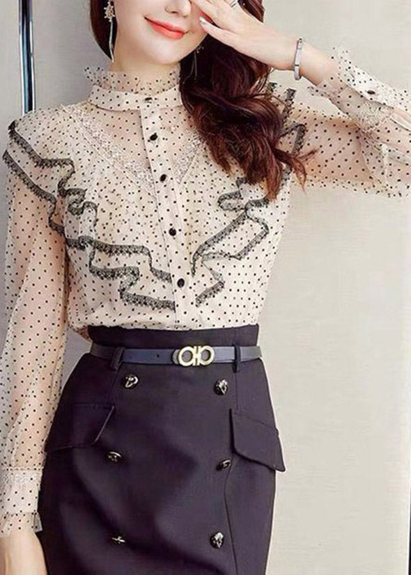 Apricot Stand Collar Ruffles Button Dot Chiffon Shirt Spring