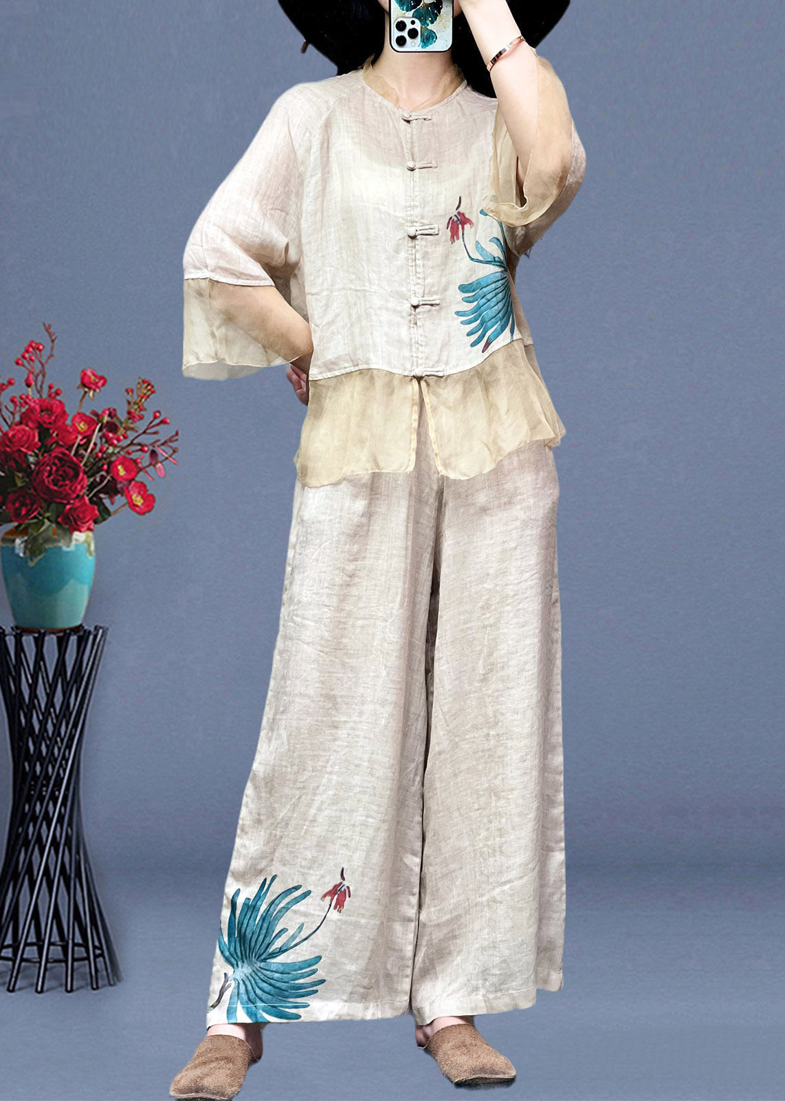 Apricot Stand Collar Tulle Patchwork Linen Shirts and Wide Leg Pants Two Pieces Set Long Sleeve
