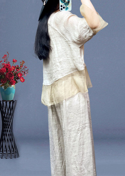 Apricot Stand Collar Tulle Patchwork Linen Shirts and Wide Leg Pants Two Pieces Set Long Sleeve