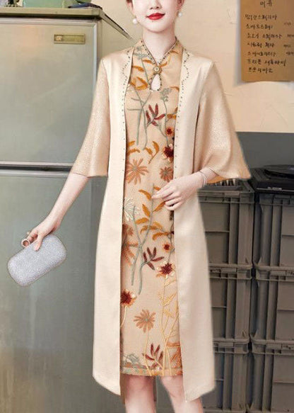 Apricot Stand Collar Zircon Silk Bodycon Dress Butterfly Sleeve