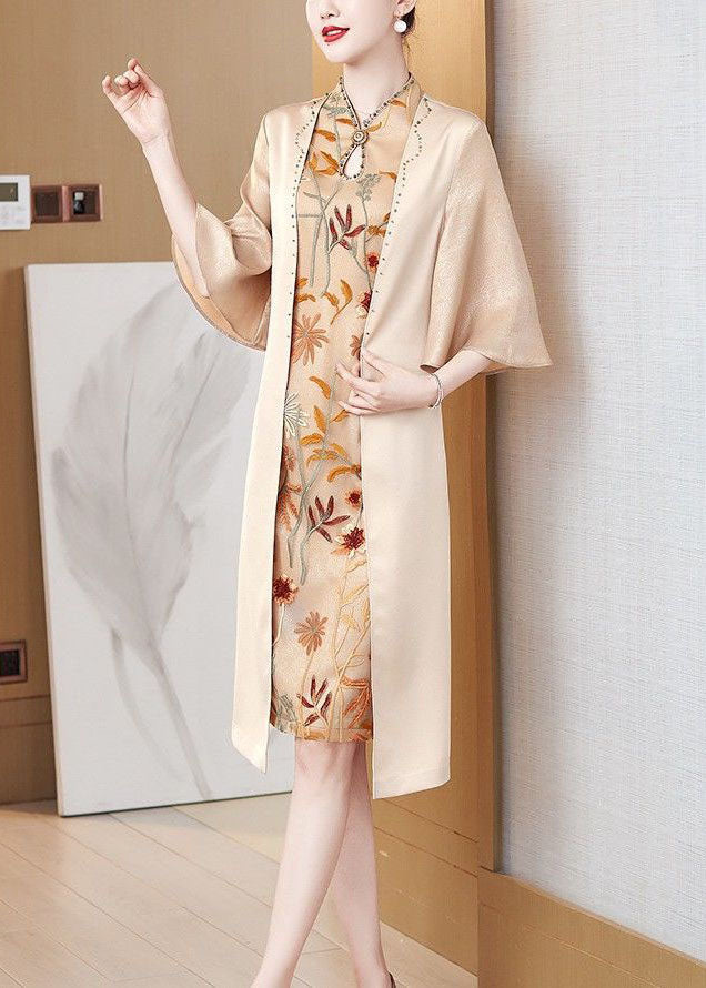 Apricot Stand Collar Zircon Silk Bodycon Dress Butterfly Sleeve