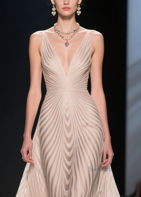 Apricot Striped Patchwork Lace Silm Fit Evening Dress Summer