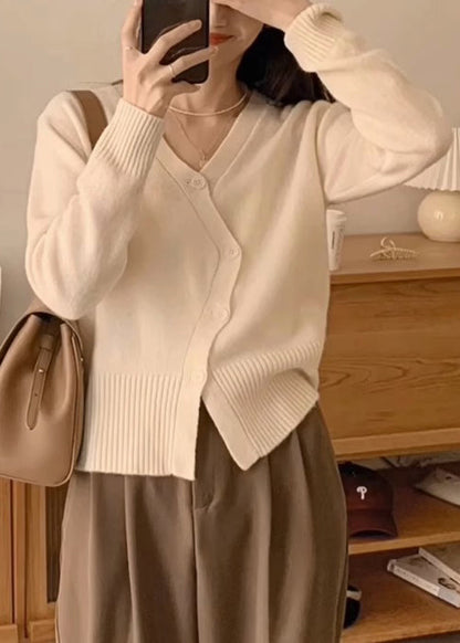 Apricot V Neck Button Patchwork Knit Top Fall
