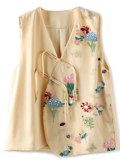Apricot V Neck Embroideried Button Patchwork Tulle Waistcoat Sleeveless