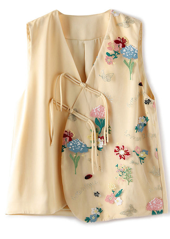 Apricot V Neck Embroideried Button Patchwork Tulle Waistcoat Sleeveless