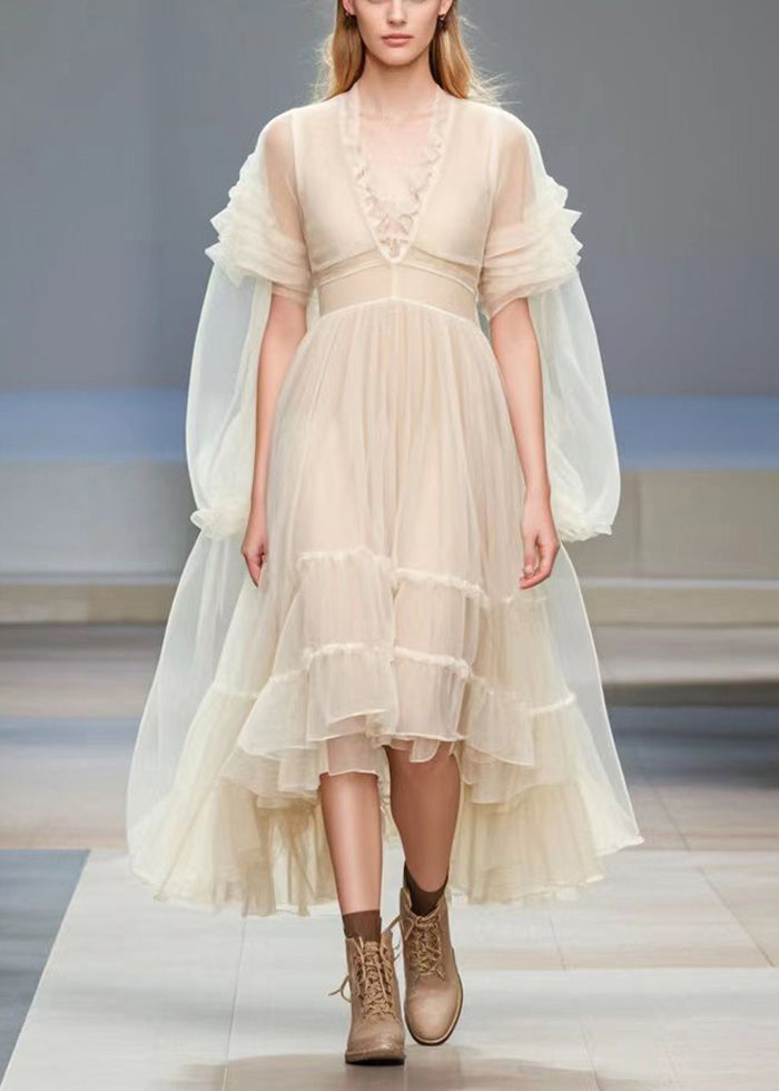 Apricot V Neck Exra Large Hem Silk Dress Cloak Sleeves