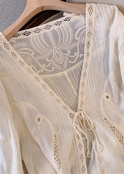 Apricot V Neck Hollow Out Embroidered Lace Cardigans Spring