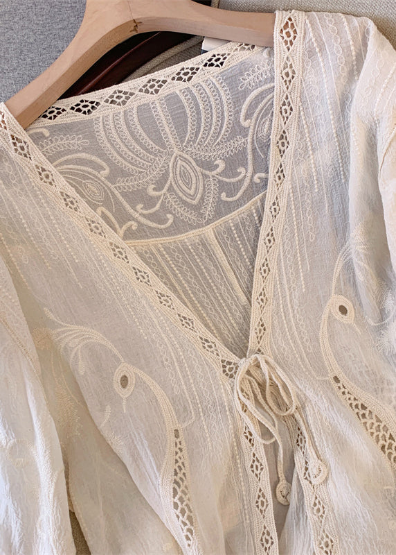 Apricot V Neck Hollow Out Embroidered Lace Cardigans Spring