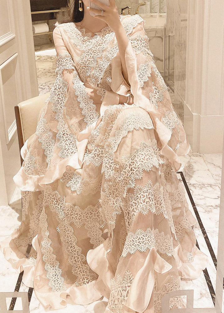 Apricot V Neck Patchwork Lace Maxi Dresses Long Sleeve