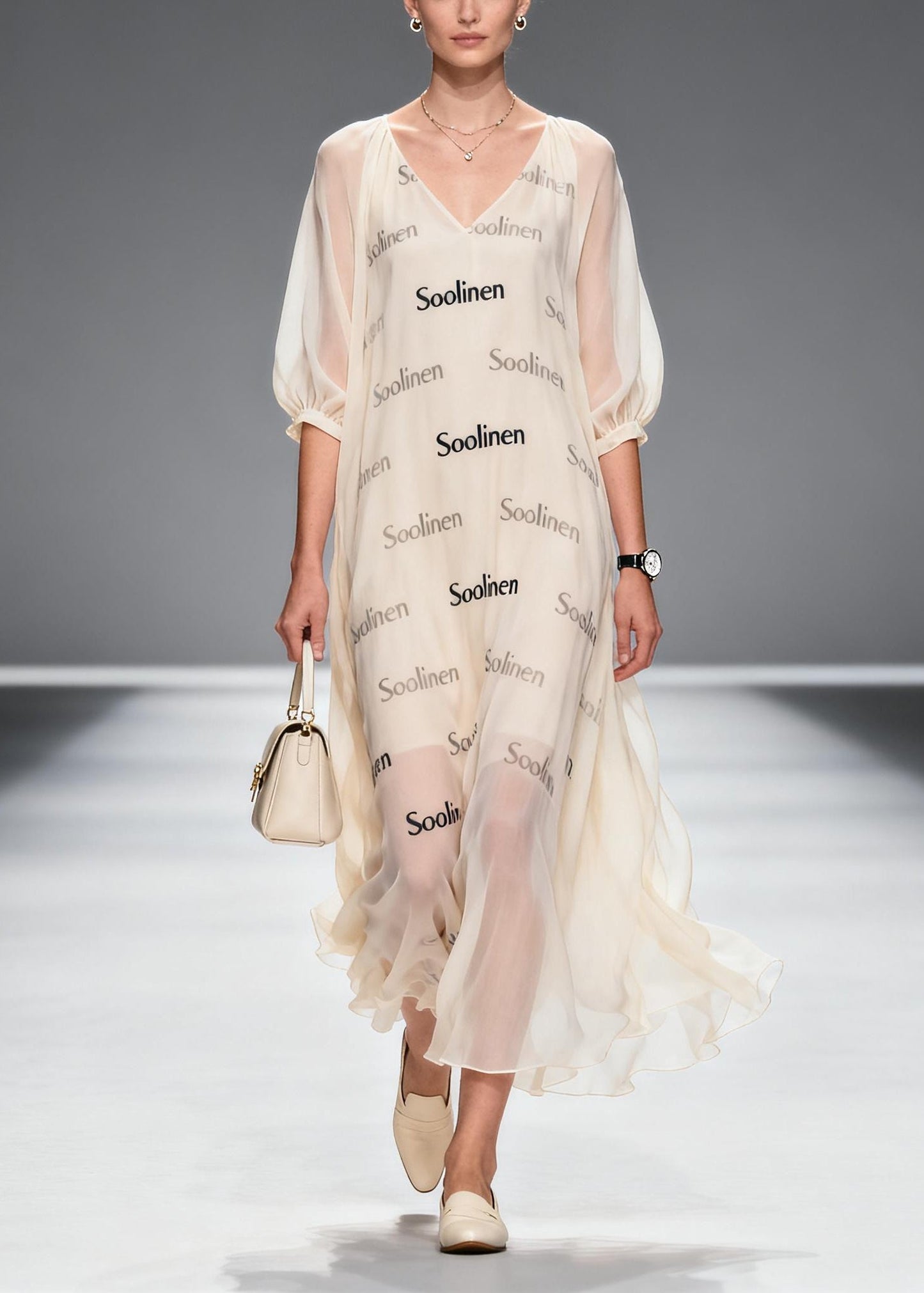 Apricot V Neck Print Chiffon Maxi Dress Summer