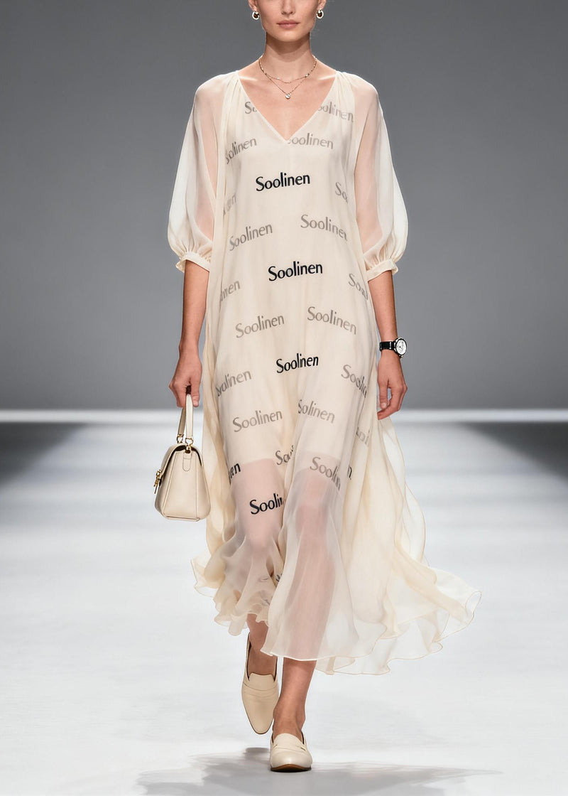 Apricot V Neck Print Chiffon Maxi Dress Summer