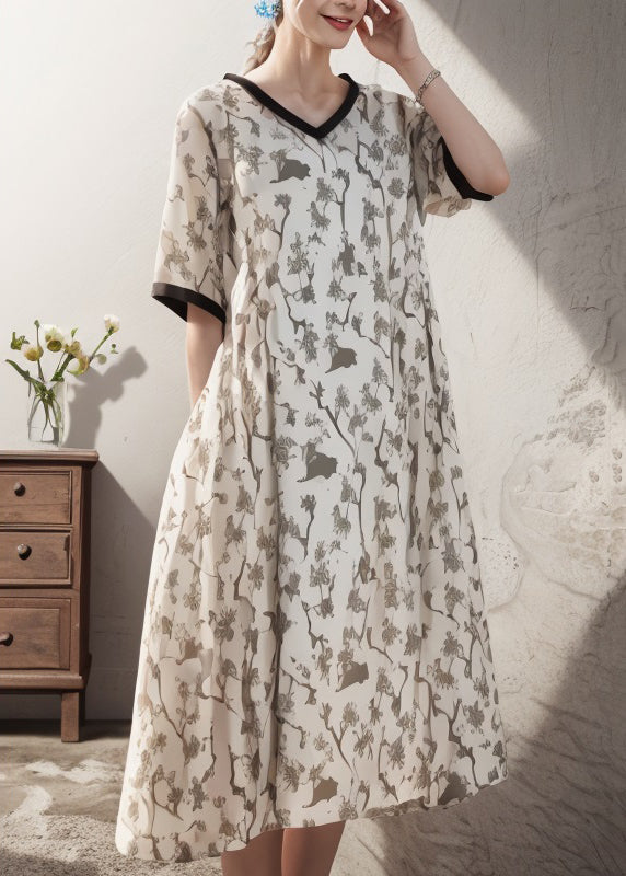 Apricot V Neck Print Patchwork Silk Dress Summer