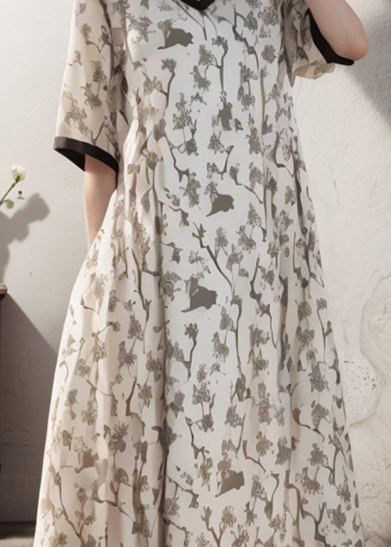 Apricot V Neck Print Patchwork Silk Dress Summer