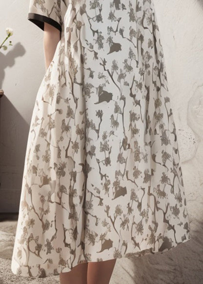 Apricot V Neck Print Patchwork Silk Dress Summer