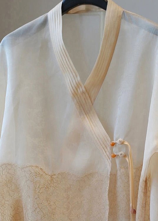 Apricot V Neck Tasseled Patchwork Tulle Upf 50+ Coat Summer