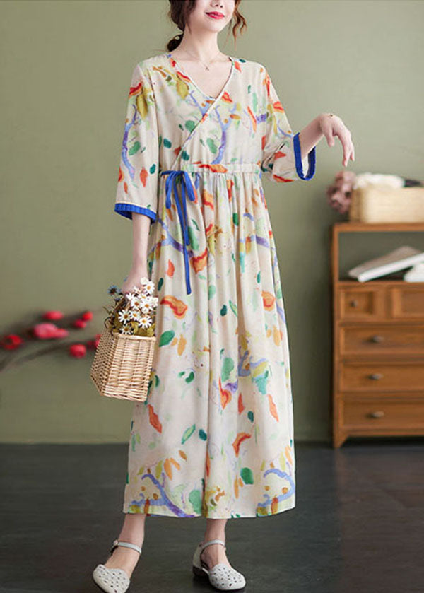 Apricot V Neck Tie Waist Print Pockets Cotton Cinch Dress Bracelet Sleeve