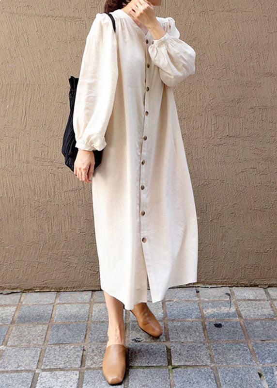 Apricot V Neck Wrinkled Patchwork Cotton Dresses Lantern Sleeve