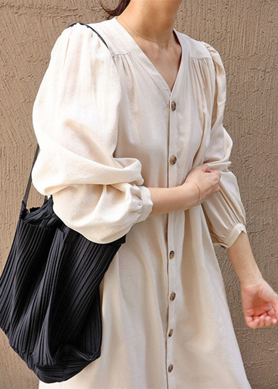 Apricot V Neck Wrinkled Patchwork Cotton Dresses Lantern Sleeve