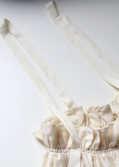 Apricot White Patchwork Pleated Cotton Spaghetti Strap Dress