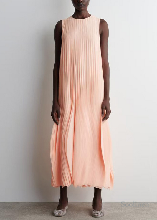 Apricot Wrinkled Chiffon Long Dress Sleeveless