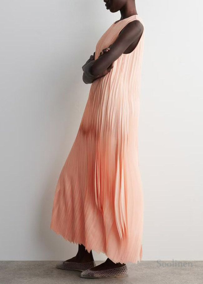 Apricot Wrinkled Chiffon Long Dress Sleeveless