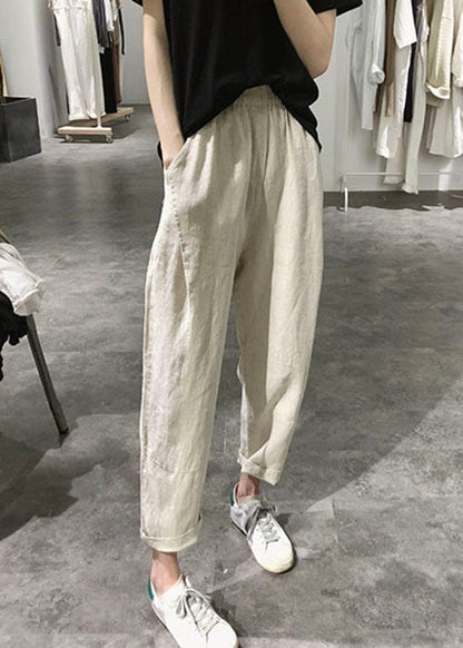 Apricot Wrinkled Pockets Elastic Waist Linen Crop Pants Summer