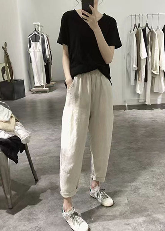 Apricot Wrinkled Pockets Elastic Waist Linen Crop Pants Summer