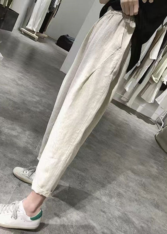 Apricot Wrinkled Pockets Elastic Waist Linen Crop Pants Summer