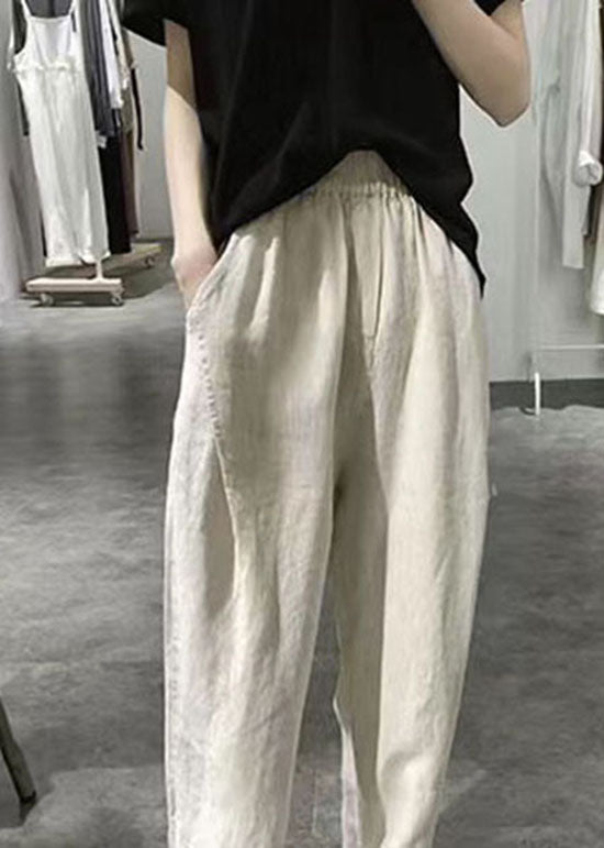 Apricot Wrinkled Pockets Elastic Waist Linen Crop Pants Summer
