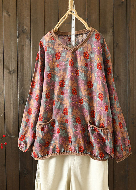 Apricot Yellow V Neck Print Knirt Patchwork T Shirt Long Sleeve