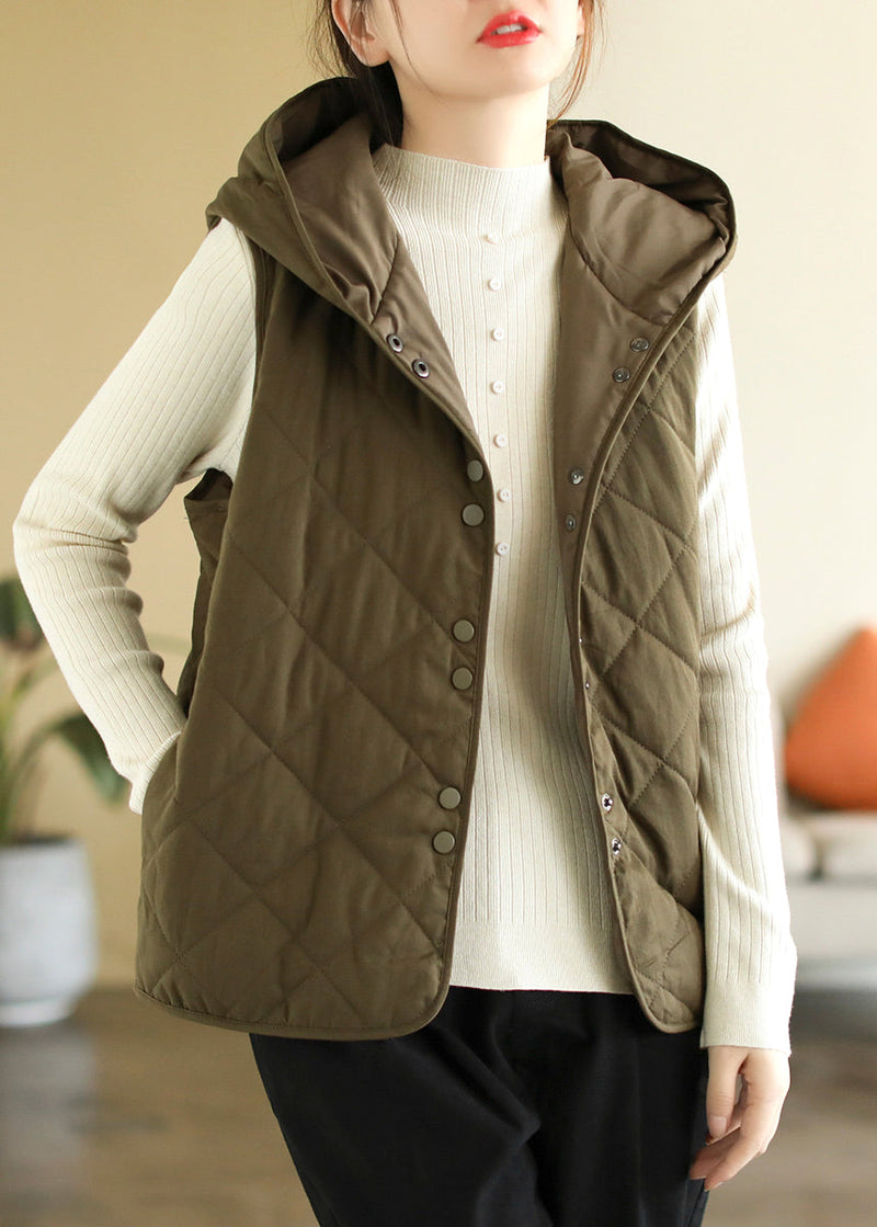 Army Green Hooded Button Pockets Cotton Filled Waistcoat Sleeveless