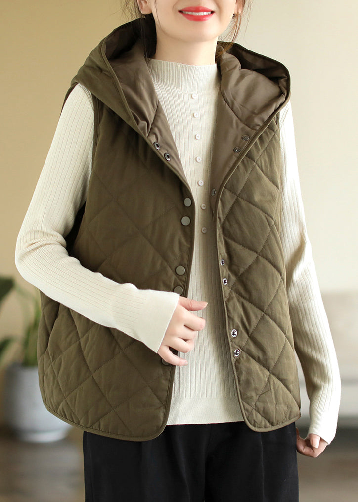 Army Green Hooded Button Pockets Cotton Filled Waistcoat Sleeveless