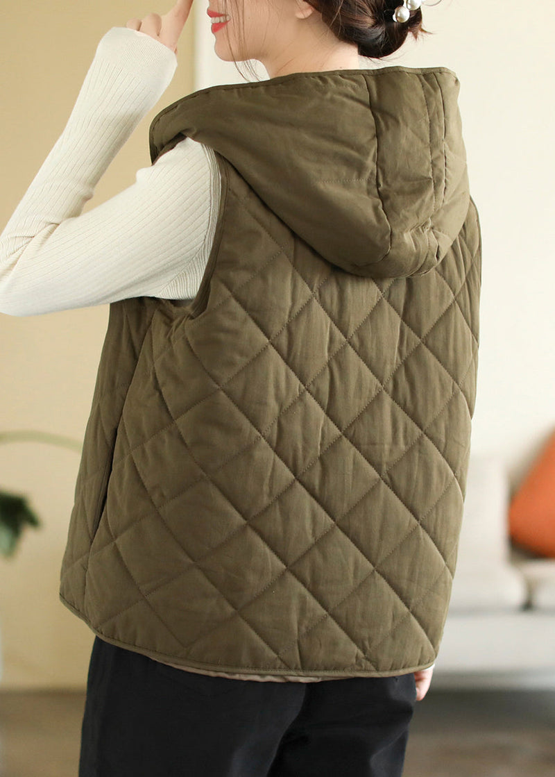 Army Green Hooded Button Pockets Cotton Filled Waistcoat Sleeveless