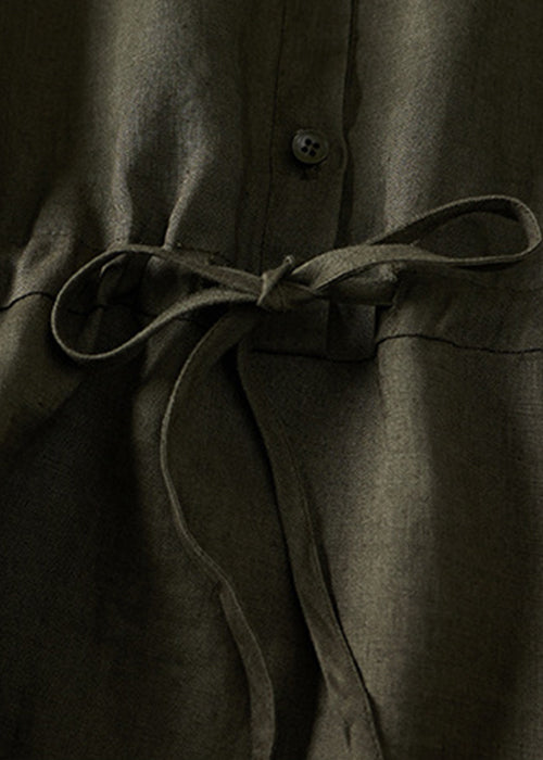Army Green Lace Up Button Linen Dress Summer