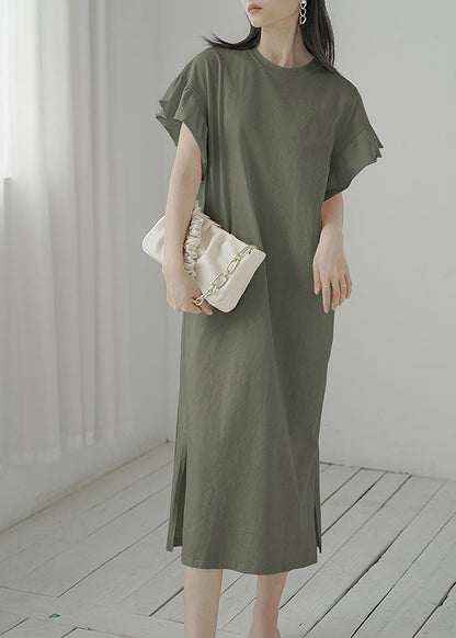 Army Green O-neck Side Open Cotton Vacation Dresses Butterfly Sleeve