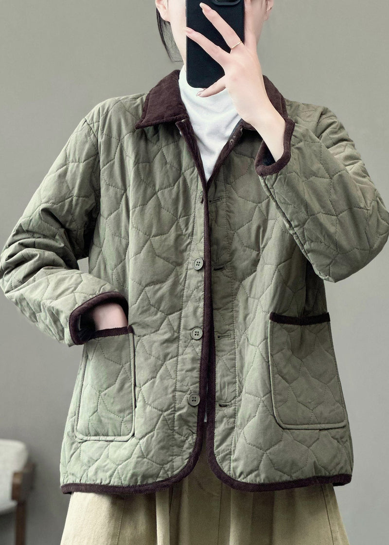 Army Green Peter Pan Collar Pockets Fine Cotton Filled Jackets Winter