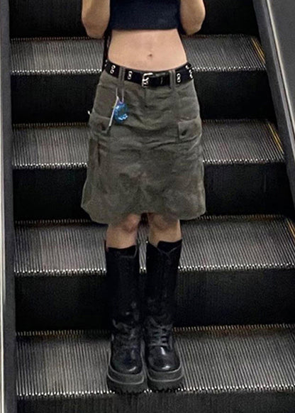 Army Green Pockets High Waist Patchwork Cotton Skirts Fall