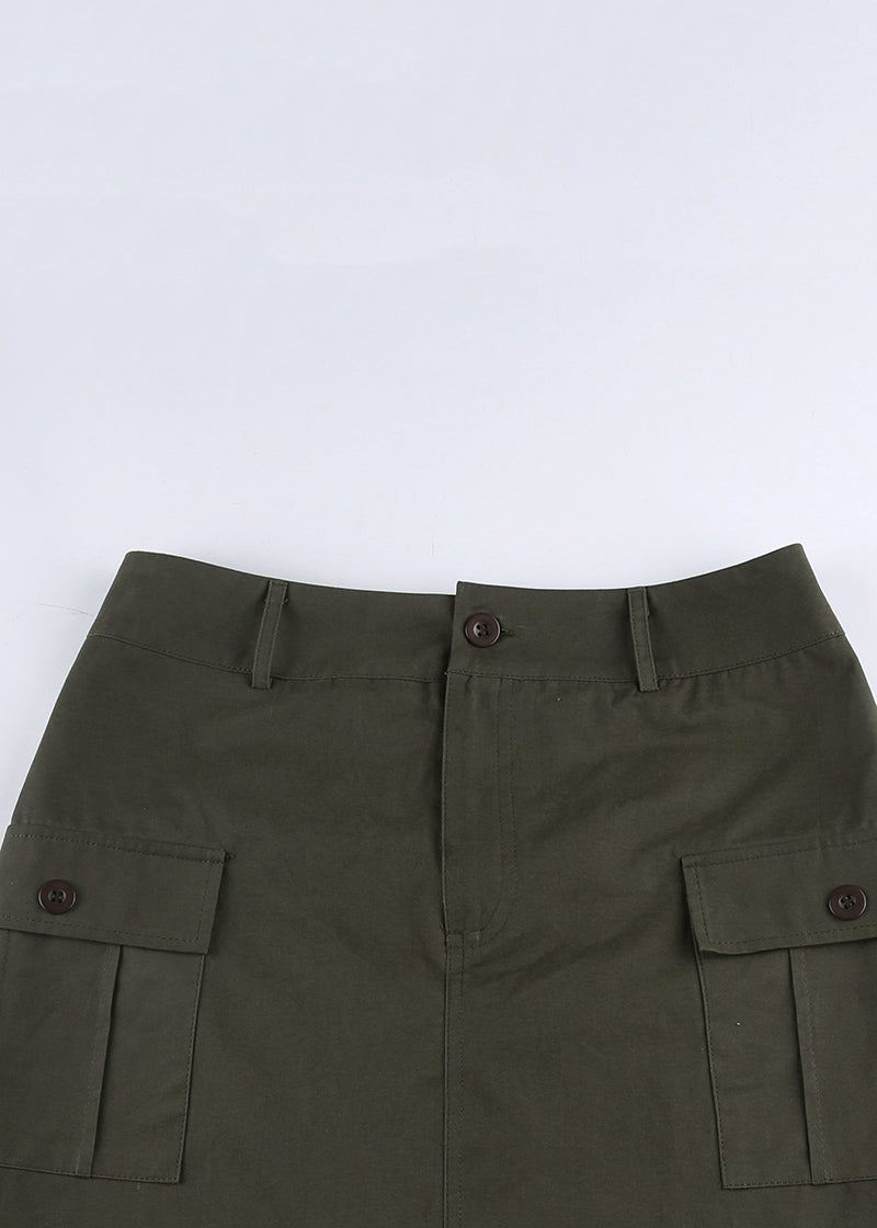 Army Green Pockets High Waist Patchwork Cotton Skirts Fall