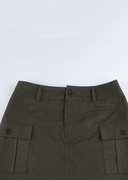 Army Green Pockets High Waist Patchwork Cotton Skirts Fall