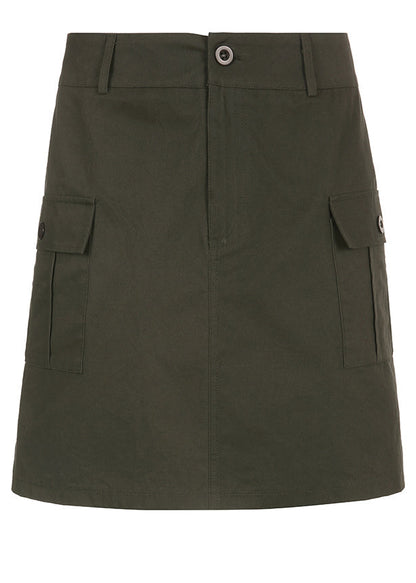 Army Green Pockets High Waist Patchwork Cotton Skirts Fall