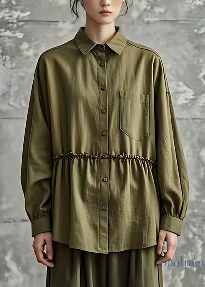 Women Army Green Ruffled Patchwork Top Fall
