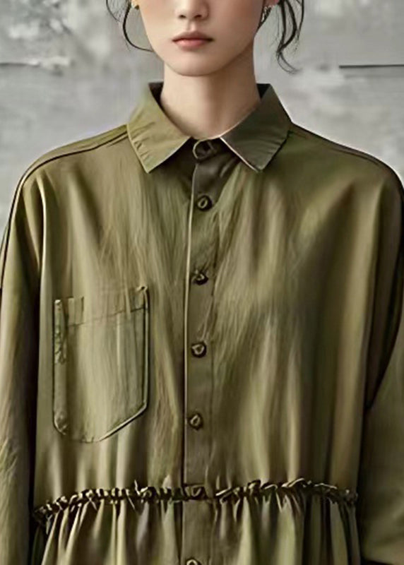 Women Army Green Ruffled Patchwork Top Fall