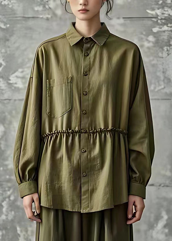 Women Army Green Ruffled Patchwork Top Fall